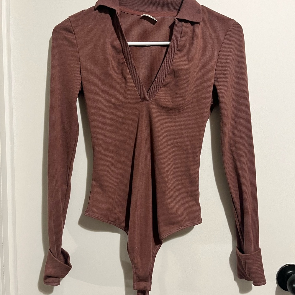 Anthropologie Deep V-Neck Brown Bodysuit